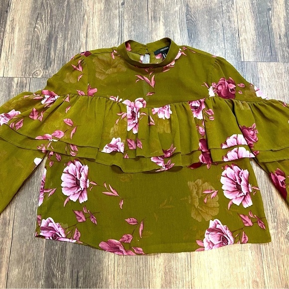 Forever 21 Green Floral Sheer Long Sleeves Ruffled Top Mock Neck Size S - Picture 10 of 13